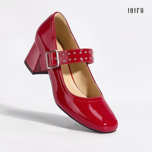 IDIFU in2 Mary Jane Shoes مضخات منخفضة كتلة مكتنزة كعب مغلق لإصبع النساء للنساء مريحة الزفاف الزفاف العروس حفلة موسيقية الحفلات حذاء الأزياء غير الرسمية لطيفة حزام حزام مربع أعقاب سميكة الكعب in Kuwait