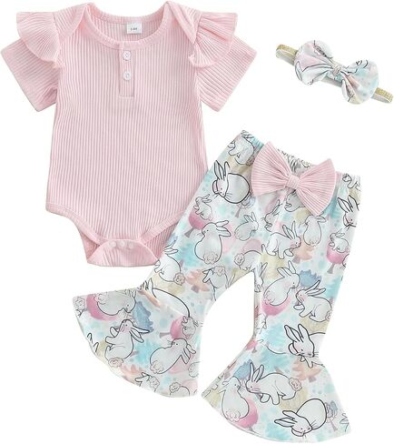 MoZiKQin Infant Baby Girl Easter Outfit Ribbed Ruffle Romper Bunny Bell Bottom Pants Headband Set Easter Spring Clothes in Saudi Arabia