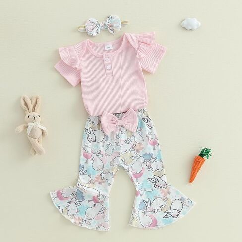 MoZiKQin Infant Baby Girl Easter Outfit Ribbed Ruffle Romper Bunny Bell Bottom Pants Headband Set Easter Spring Clothes in Saudi Arabia