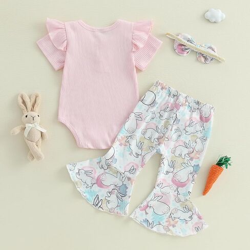 MoZiKQin Infant Baby Girl Easter Outfit Ribbed Ruffle Romper Bunny Bell Bottom Pants Headband Set Easter Spring Clothes in Saudi Arabia