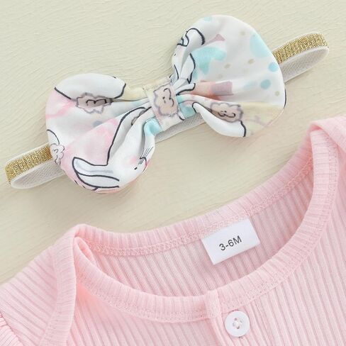 MoZiKQin Infant Baby Girl Easter Outfit Ribbed Ruffle Romper Bunny Bell Bottom Pants Headband Set Easter Spring Clothes in Saudi Arabia