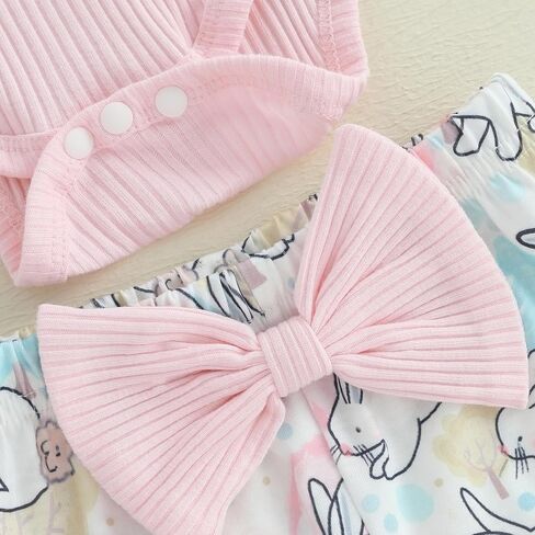 MoZiKQin Infant Baby Girl Easter Outfit Ribbed Ruffle Romper Bunny Bell Bottom Pants Headband Set Easter Spring Clothes in Saudi Arabia