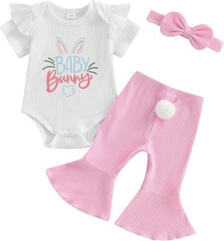 MoZiKQin Infant Baby Girl Easter Outfit Ribbed Ruffle Romper Bunny Bell Bottom Pants Headband Set Easter Spring Clothes in Saudi Arabia