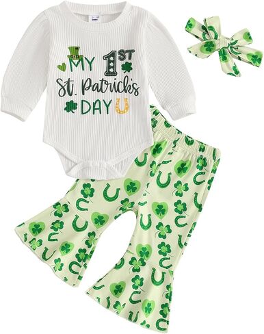 Lamuusaa Newborn Baby Girl St Patricks Day Outfit My 1st St. Patricks Day Romper Shamrock Flared Pants Headband Set 0-18M in Saudi Arabia