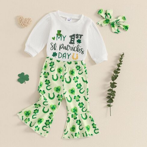 Lamuusaa Newborn Baby Girl St Patricks Day Outfit My 1st St. Patricks Day Romper Shamrock Flared Pants Headband Set 0-18M in Saudi Arabia