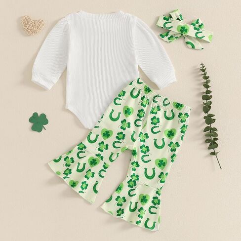 Lamuusaa Newborn Baby Girl St Patricks Day Outfit My 1st St. Patricks Day Romper Shamrock Flared Pants Headband Set 0-18M in Saudi Arabia