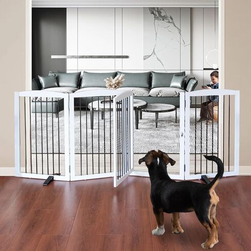 Dog Gate Freestanding Dog Fence Indoor with Door Foldable, Wooden Dog Gate for The House, Doorway, Stairs, Pet Gate Puppy Safety Fence, Support Feet Included, 32" Height, 4 Panels, White in Saudi Arabia