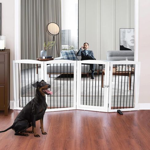 Dog Gate Freestanding Dog Fence Indoor with Door Foldable, Wooden Dog Gate for The House, Doorway, Stairs, Pet Gate Puppy Safety Fence, Support Feet Included, 32" Height, 4 Panels, White in Saudi Arabia