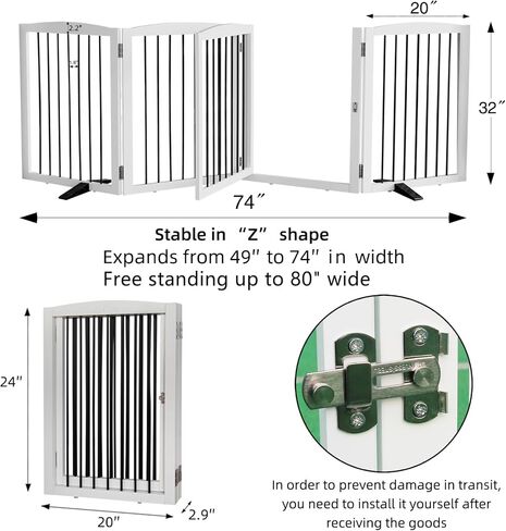 Dog Gate Freestanding Dog Fence Indoor with Door Foldable, Wooden Dog Gate for The House, Doorway, Stairs, Pet Gate Puppy Safety Fence, Support Feet Included, 32" Height, 4 Panels, White in Saudi Arabia