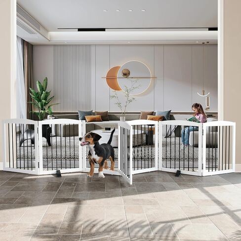 Dog Gate Freestanding Dog Fence Indoor with Door Foldable, Wooden Dog Gate for The House, Doorway, Stairs, Pet Gate Puppy Safety Fence, Support Feet Included, 32" Height, 4 Panels, White in Saudi Arabia