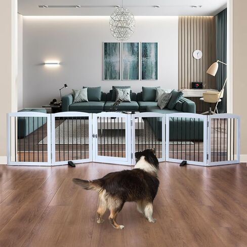 Dog Gate Freestanding Dog Fence Indoor with Door Foldable, Wooden Dog Gate for The House, Doorway, Stairs, Pet Gate Puppy Safety Fence, Support Feet Included, 32" Height, 4 Panels, White in Saudi Arabia