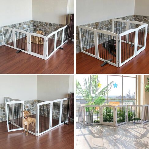Dog Gate Freestanding Dog Fence Indoor with Door Foldable, Wooden Dog Gate for The House, Doorway, Stairs, Pet Gate Puppy Safety Fence, Support Feet Included, 32" Height, 4 Panels, White in Saudi Arabia