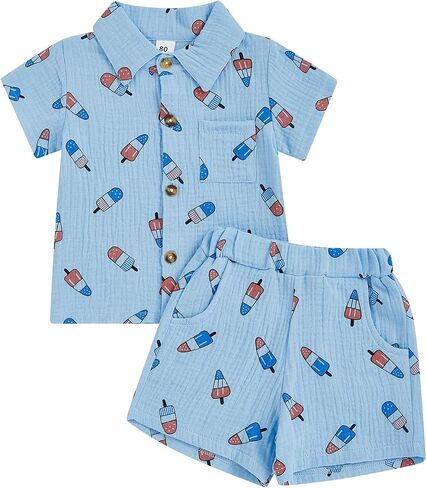 Baby Boy 4th of July Clothes Popsicle Muslin Button Down Short Sleeve Shirts and Shorts Set Toddler Patriotic Outfit in Kuwait