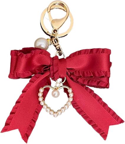 Ribbon Bowknot Bag Charms, Pearl Heart Keyring Purse Hanging Decorations Bag Handbag Pendant in Kuwait