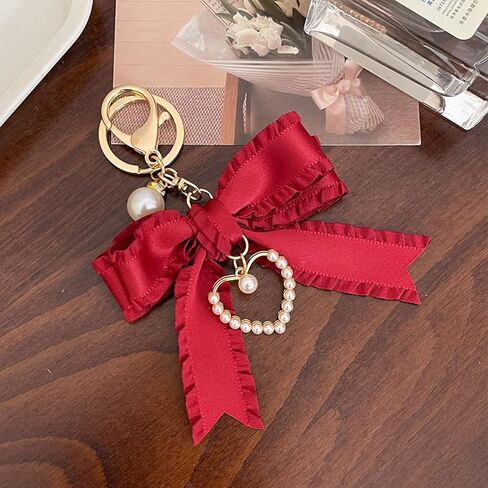 Ribbon Bowknot Bag Charms, Pearl Heart Keyring Purse Hanging Decorations Bag Handbag Pendant in Kuwait