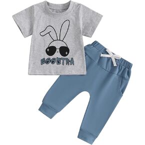 Springcmy Baby Boys Outfit Summer Bunny Print Short Sleeve T-Shirt and Elastic Jogger Pants 2Pcs Clothes Set