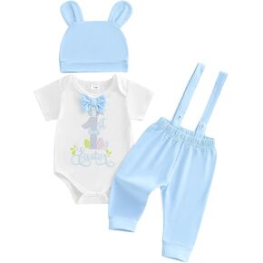 Newborn Baby Boy Girl My First Easter 3Pcs Outfits Short Sleeve Romper Bunny Ear Hat Casual Pants Set