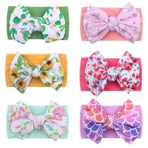 FZBNSRKO Baby Nylon Headbands,Baby Girl Headbands With Floral Bows,Random Soft Nylon Hairbands with Bows Turban Hair Bows Hair Accessories for Girls Infant Toddler Kids(6 Pcs)
