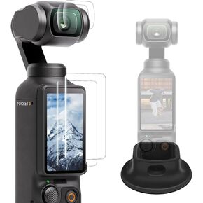 Osmo Pocket 3 Stand Silicone Base Holder with Charge Hole + 2 Sets Osmo Pocket 3 Tempered Glass LCD Display Film Lens Protector, Accessories for DJI