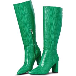 LinnOaks Womens Knee High Boots Round Toe Snake Skin Boots Chunky High Heel Crocodile Slip On Fashion Go Go Boots PU Leather Comfy Casual Party Dress Shoes Combat Boots