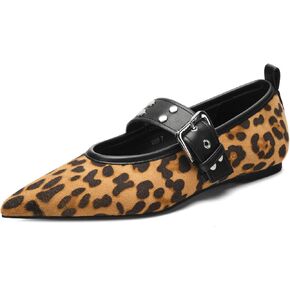 Women's Leopard Rivet Embellished Ballet Flats, Pointed Closed Toe Mary Jane Flats with Buckle Strap Low Heel Ballerina Flats Comforty Casual Shoes