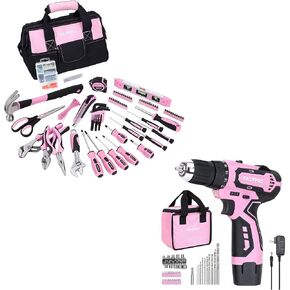 FASTPRO Pink Tool set -220-Piece Lady's Home Repairing Tool Kit & 12V Pink Cordless Lithium-ion Drill Driver