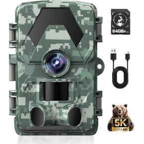Trail Camera 5K 60MP, Game Camera 0.05S Motion Activated with Night Vision 64GB SD Card 130 Wide-Angle for Outdoor Wildlife Monitoring Home Security