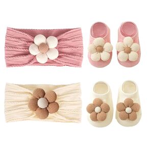 Baby Girl Headbands and Socks,Non-Slip Grips Socks Flower Soft Hairbands Hair Accessories for Infant Toddler Kids (US, Age, 6 Months, 12 Months, pink beige)