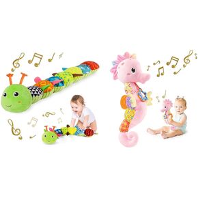 Sumobaby Infant Baby Musical Stuffed Animal Activity Soft Toys with Multi-Sensory Crinkle, Rattle, Textures, and Tummy Time Fun for Newborns 0-12 Months Boys and Girls, Caterpillar & Pink Seahorse Se