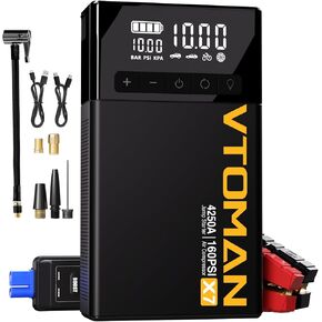 VTOMAN X7 Jump Starter with Air Compressor, 4250A Portable Car Jumper with 160PSI Digital Tire Inflator,12V Lithium Battery Charger Booster Box with Type-C Quick Charge (Up 10L Gas/10L Diesel Engine)