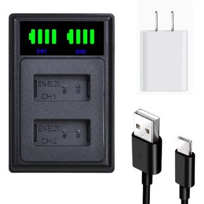 EN-EL20 EN-EL2a Battery Charger is Suitable for Cameras Coolpix P1000, P950, DL24-500, Coolpix A, 1 AW1, 1 J1, 1 J2, 1 J3, 1 S1, 1 V3 Digital Cameras LED USB Display Dual Charging