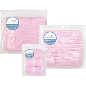 L'Ange Baby Towel and Baby Washcloths Bundle - 100% Cotton Muslin for Sensitive Skin - Super Absorbent - Medical Grade Packaging for Infants Newborns - 6 Layer Towels and 9 Layer Washcloth - Pink