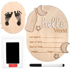 علامة الإعلان عن ميلاد الطفل ، 5.8 × 4.5 بوصة خشبية Hello World World Networn Sign Librit Liber Labes with Marker Pen و Enk Pad for Boys and Girls Photo Photo Photo Photo Photo Photo