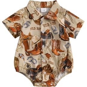 Newborn Baby Boy Western Clothes Button Down Short Sleeve Shirt Romper Lapel Collared Bodysuit Country Style Outfit