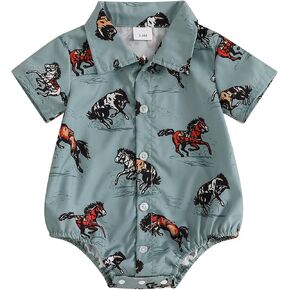 Newborn Baby Boy Western Clothes Button Down Short Sleeve Shirt Romper Lapel Collared Bodysuit Country Style Outfit in Kuwait