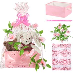 Rainmae Baby Shower Storage Basket with Gift Bags Ribbons, Pink Girls Nursery Toys Baskets, Large Canvas Storage Bin with Handles for Organizing Toy Home DIY Gift Basket for Baby Shower Birthday Party
