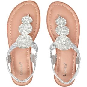 Luoika Women's Wide Width Flat Sandals, Flip Flop Thong Sandals Strappy Rhinestone Comfortable Summer Beach Shoes for Women.