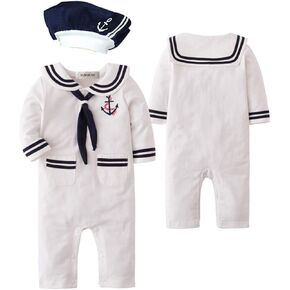 stylesilove Baby Toddler Boys Marine Sailor Cotton Romper with Hat and Necktie 3pcs Festival Jumpsuit