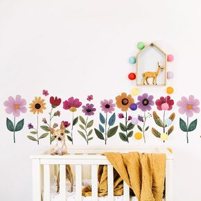 PLIGREAT 2 Sheets Colorful Floral Wall Stickers Peel and Stick Wall Decals Cute Watercolor Floral Wall Art Murals for Nursery Bedroom Door TV Background Wall Decor DIY Decorative Home Stickers