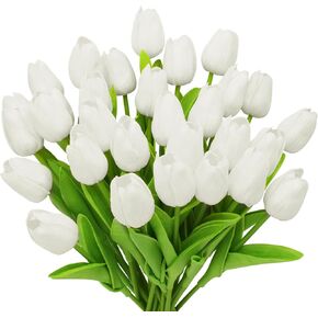 28pcs Pink Flowers Artificial Tulip Stems Real Feel PU Tulips for Easter Spring Wreath Wedding Bouquet Centerpiece Floral Arrangement Cemetery Table Décor 13" Tall