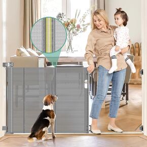Reinforced Retractable Dog Gate for Stairs, 55" Wide Retractable Baby Gates with Support Rods - Bottom Anti-Escape, Indoor Long Baby Gate Outdoor Gates for Decks, Child Gates for Doorways/Patios, Gray