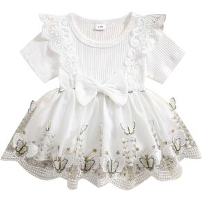 Cute Baby Girls Summer Outfit Lace Ruffle Short Sleeve Ribbed Dress Splicing Butterfly Bow Dresses