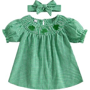 Baby Girl St Patrick’s Day Dress Puff Short Sleeve Smocked Clover Embroidery Plaid Dress Infant Toddler Girl Irish Dresses