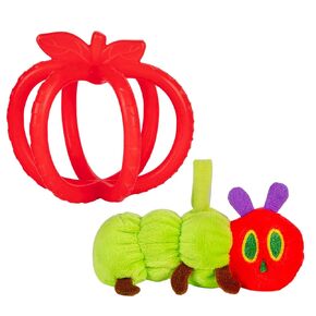 Kids Preferred Eric Carle Toddler Toys The Very Hungry Caterpillar Stuffed Animal Rattle and Red Apple Silicone Teether Newborn Baby Teething Toys Set