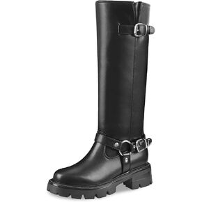 Oh Mispares Women’s Knee High Boots Comfortable Chunky Heel Round Toe Platform Lug Sole Tall Boot Fashion Buckles Biker Riding Boots Fall Winter