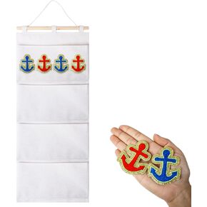 Klmnop Fish Extender, Cotton Linen Hanging Organizer with 4 Pockets and 4 Pcs Iron on Anchor Patches, Cabin Door Hanging Storage Bag for Cruise Travel Exchange Gifts(White)