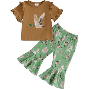 GOOCHEER Toddler Baby Girl Summer Outfit Mallard Duck Bow Ruffle Short Sleeve T-Shirt Top Bell Bottom Flare Pants Set Clothes