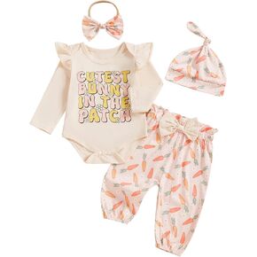Newborn Baby Girl Easter Outfit Letter Print Long Sleeve Romper Carrot Pants Headband Hat 4Pcs Sets Spring Outfit
