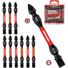 10Pcs SL1/4-PH2 Impact Double End Screwdriver Bit Set, 2.56 in. #2 Phillips/Power Driver Bits, Magnetic S2 Steel Two Sides Screwdriver Bits Set with Storage M-Box