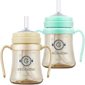 GROSMIMI PPSU Spill Proof Magic Sippy Cup 6 oz Bundle (Butter,Aquagreen) 2 Pack